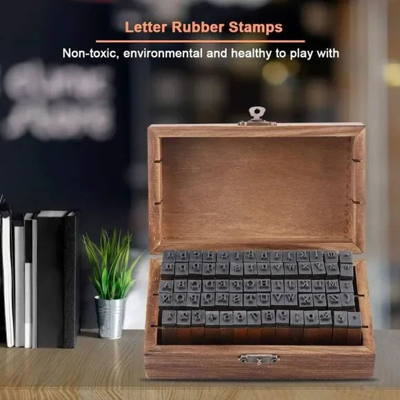 NEW! 70pc Vintage Wood Alphabet & Number Rubber Stamp Set in Rustic Keepsake Box - Picture 4 of 8
